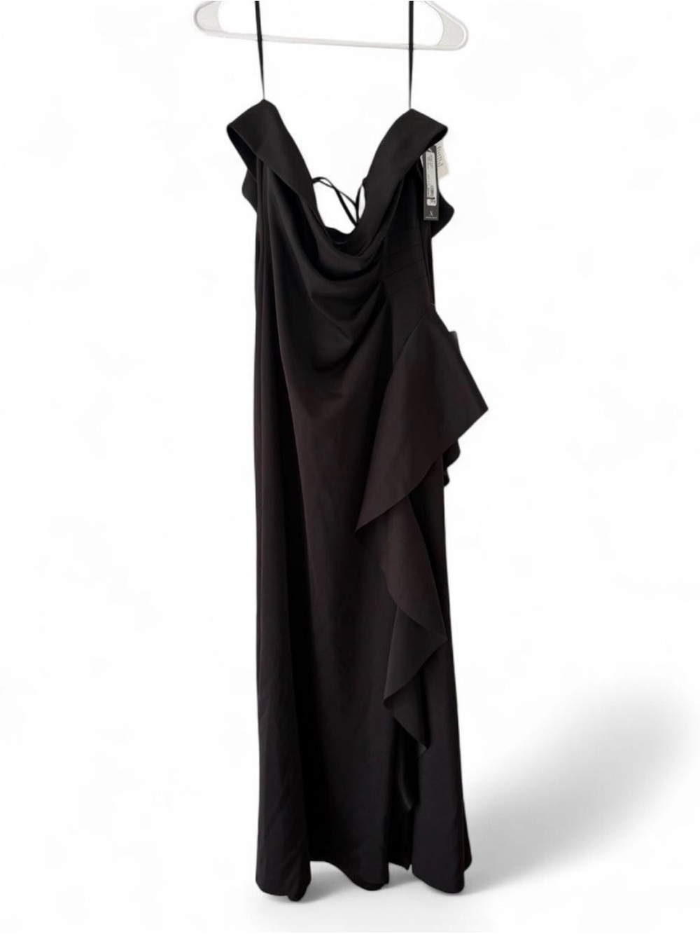 Xscape Black Cowl Neck Ruffle Maxi Dress